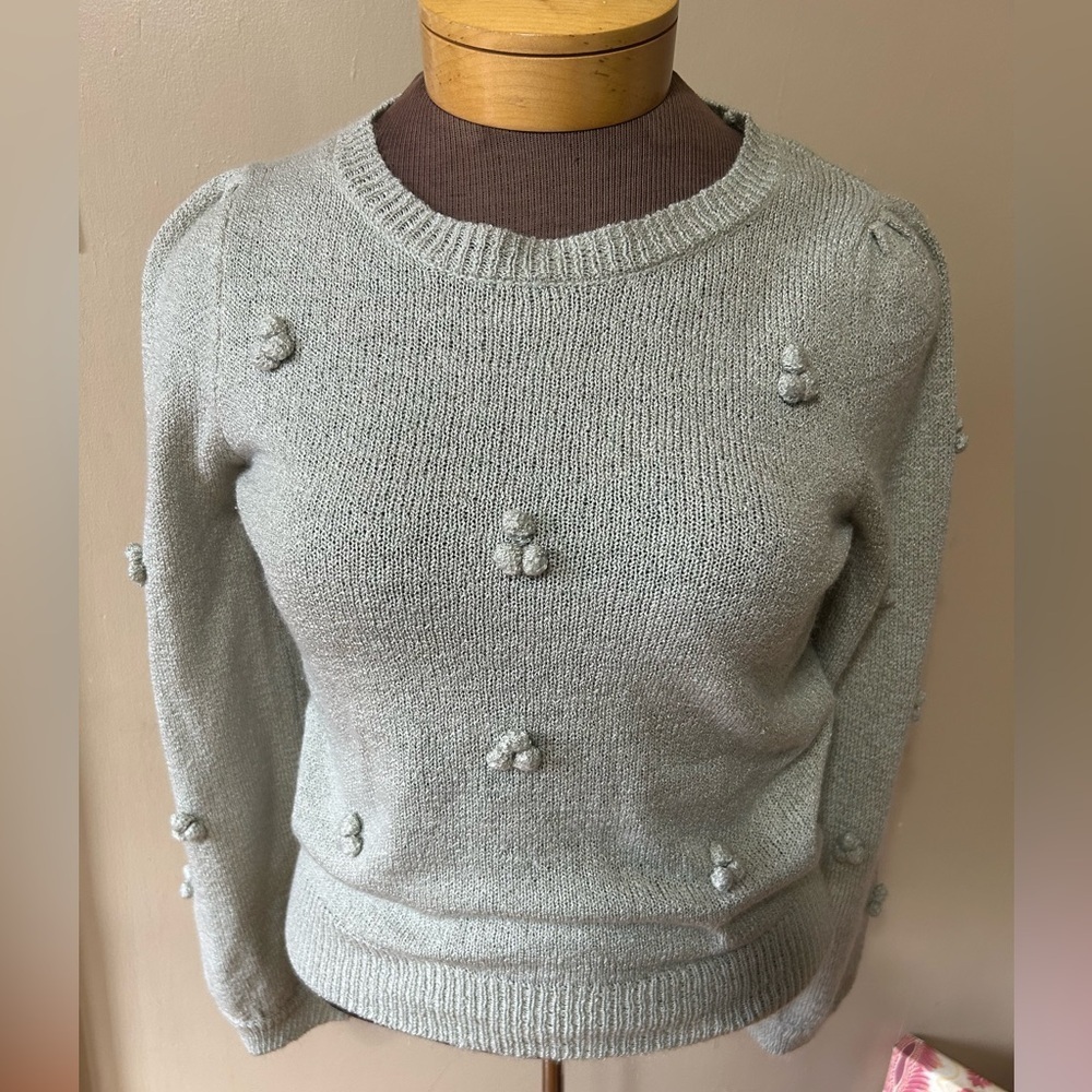 MINE‎ Sweater Womens M Gray Speckled Pom Poms Pullover